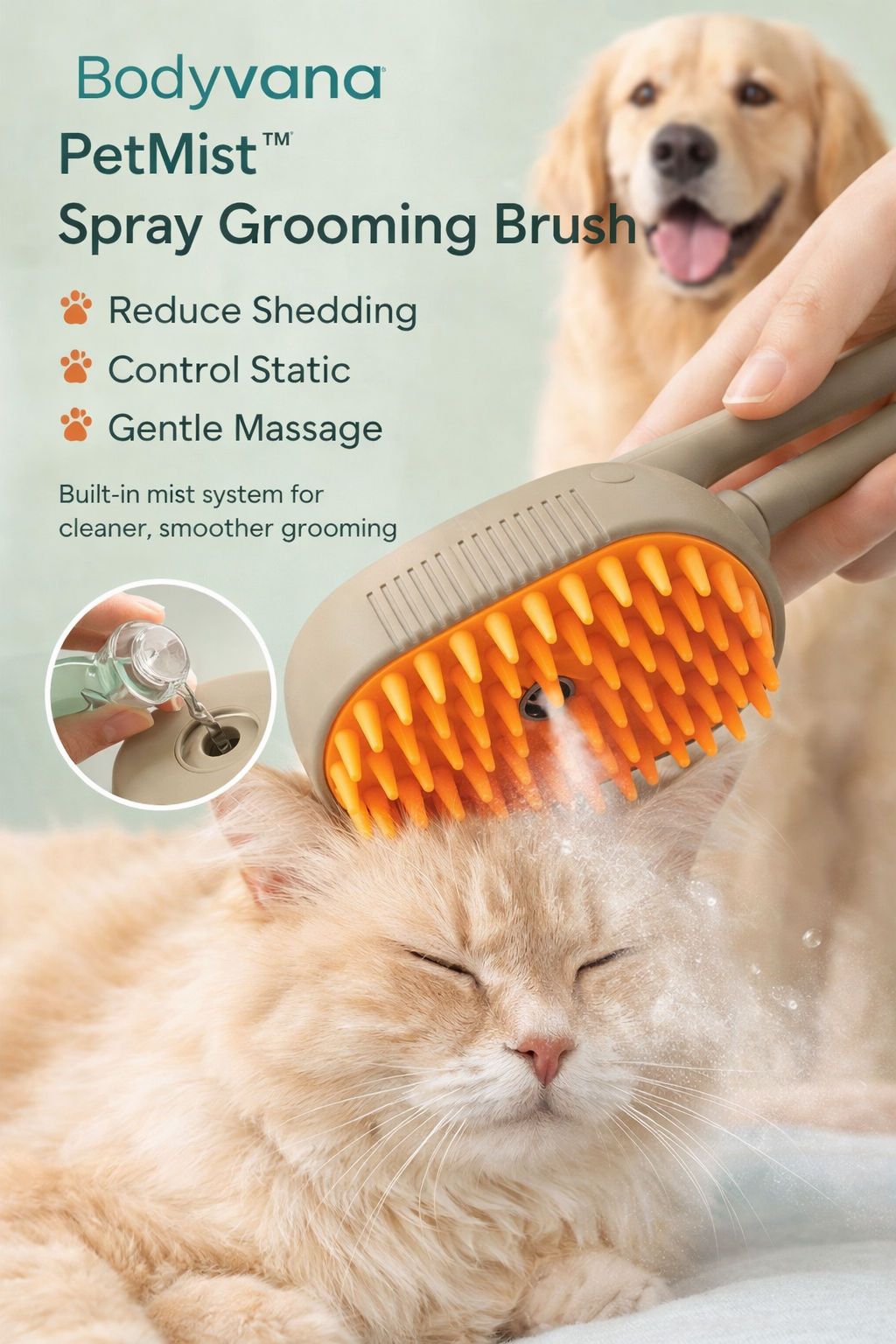 Bodyvana PetMist™ Spray Grooming Brush – Deshedding Brush for Cats & Dogs